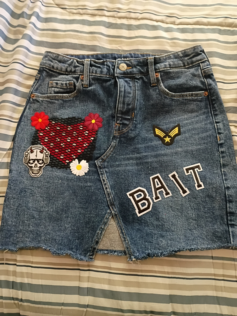 Old Navy Blue Denim Midi Skirt with Patches